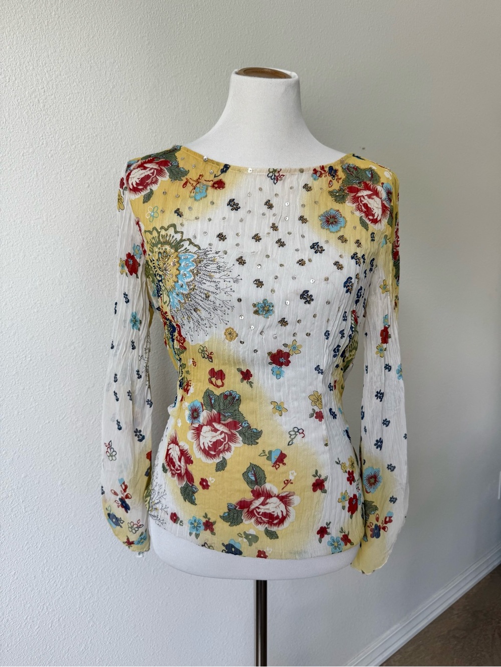 Vintage Y2K Yellow Beaded Floral Sequin Blouse